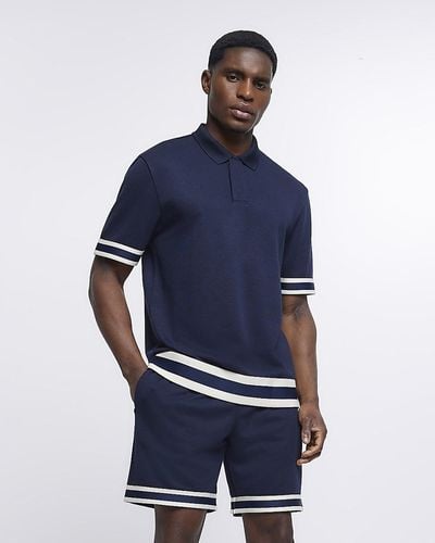River Island Navy Slim Fit Taped Polo Shirt - Blue