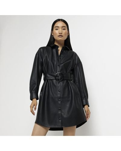 River Island Faux Leather Mini Shirt Dress - Black