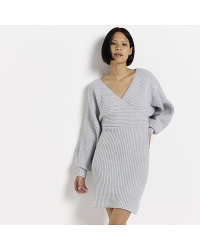 River Island Knit Long Sleeve Sweater Mini Dress - Grey