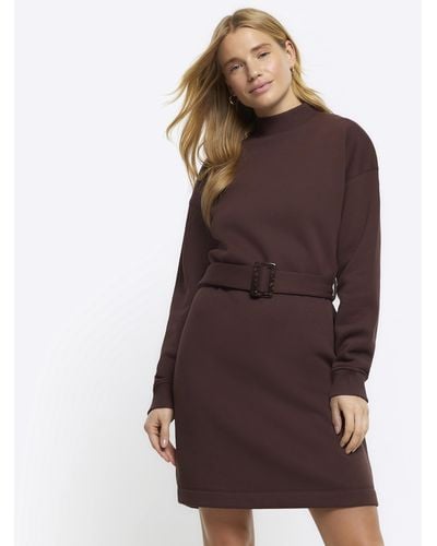 River Island Belted Sweatshirt Mini Dress - Brown
