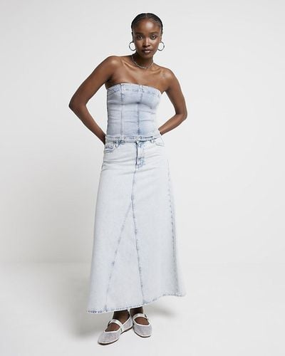 River Island Blue Denim Maxi Skirt - White