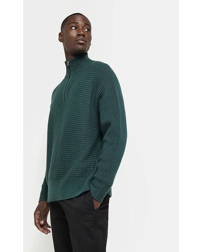 River Island Green Boxy Fit Half Zip Knitted Sweater