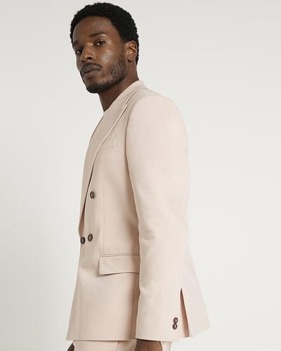 River Island Double Breasted Suit Jacket - Natural