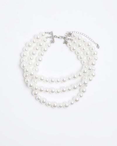 River Island White Pearl Multirow Choker Necklace