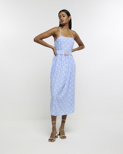River Island Spotted Belted Swing Midi Dress - Blue