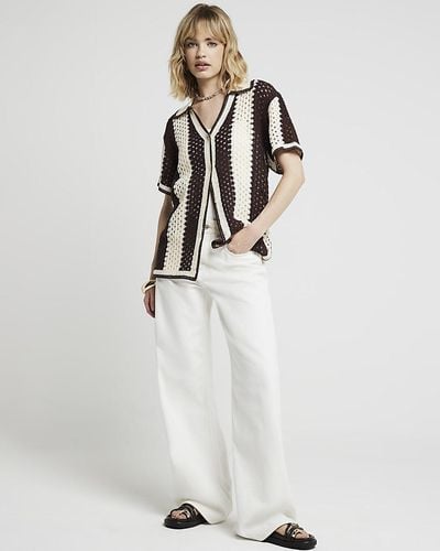 River Island Brown Crochet Stripe Polo Shirt - White