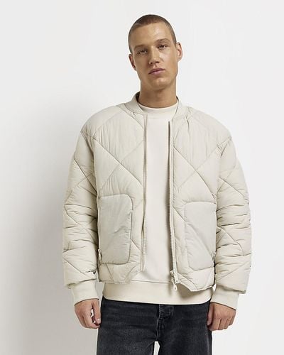 River Island Stone Quilted Bomber Jacket - Natural