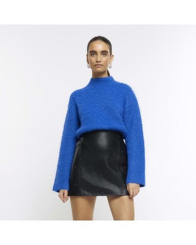 River Island Black Faux Leather Studded Mini Skirt - Blue