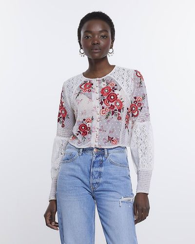River Island Cream Patchwork Floral Embroidered Blouse - White