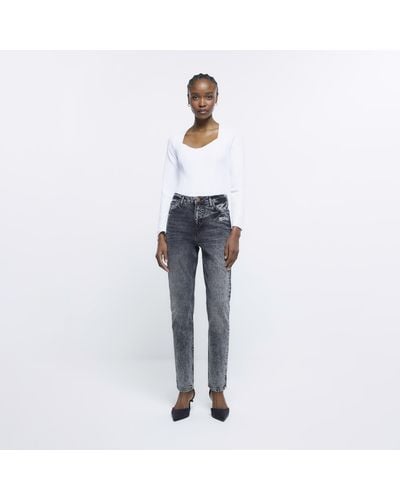 River Island Grey High Waisted Faded Straight Leg Jeans - White