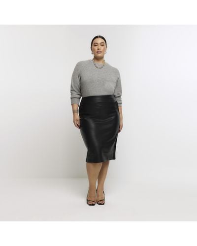 River Island Plus Black Faux Leather Midi Skirt