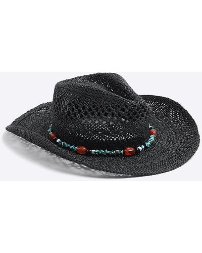 River Island Black Beaded Cowboy Straw Hat