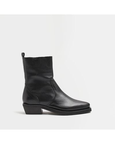 River Island Leather Western Ankle Boots - Black