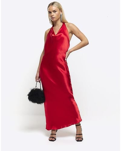 River Island Petite Red Halter Slip Maxi Dress