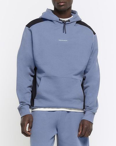 River Island Blue Regular Fit Color Block Hoodie