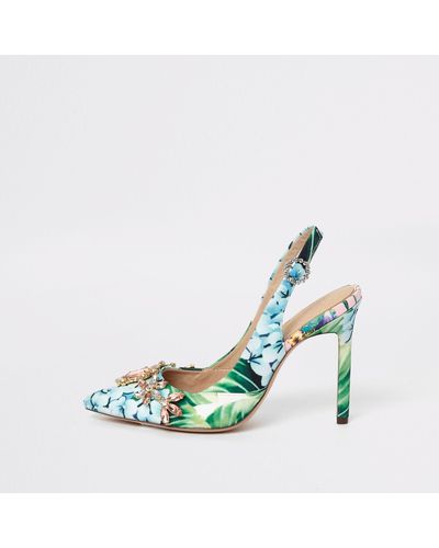 River Island Green Wide Fit Floral Slingback Court Shoes