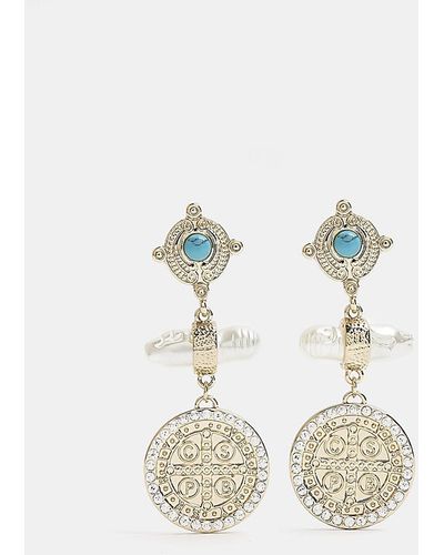 River Island Gold Coin Turquoise Drop Earrings - Yellow