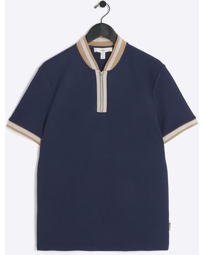 River Island Textured Taped Polo - Blue