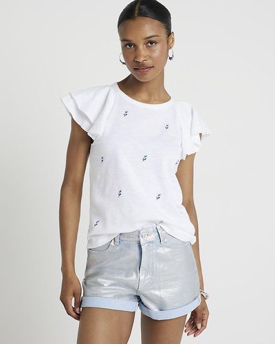 River Island Embroidered Frill Sleeve T-shirt - White