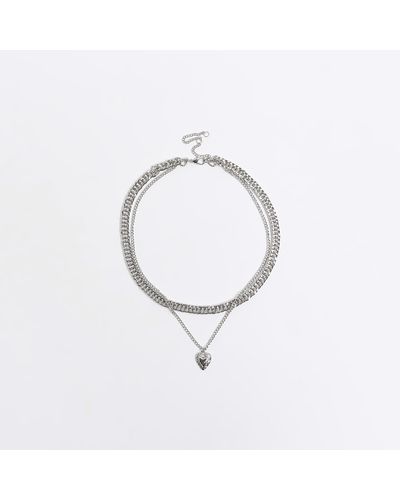 River Island Silver Heart Multirow Necklace - White