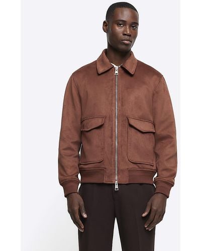 River Island Brown Suedette Collared Bomber Jacket