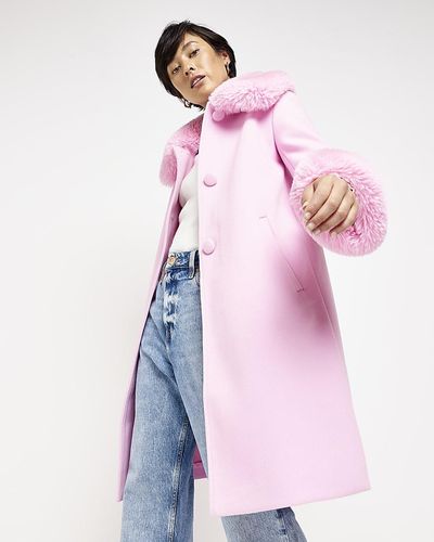 River Island Petite Pink Faux Fur Longline Coat