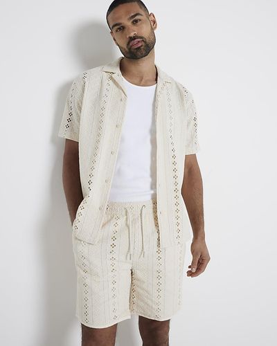 River Island Beige Regular Fit Crochet Revere Shirt - White