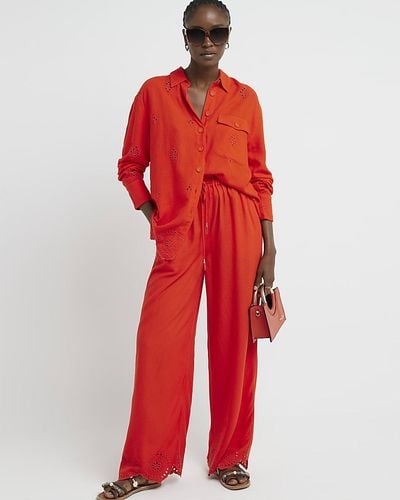 River Island Red Broderie Linen Blend Trousers