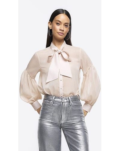 River Island Pink Tie Neck Puff Sleeve Blouse