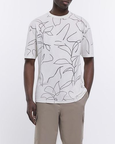 River Island Beige Regular Fit Burnout Floral T-shirt - White