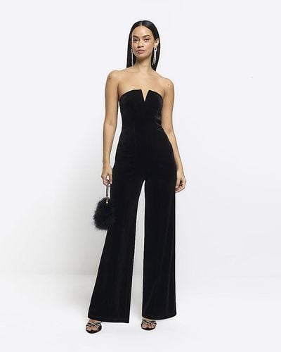 River Island Black Velvet Bandeau Jumpsuit - Blue