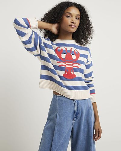 River Island Blue Stripe Lobster Embroidered Sweater