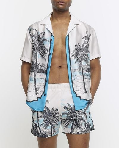 River Island Blue Regular Fit Palm Print Swim Shorts - White