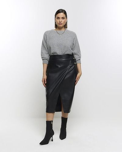 River Island Plus Black Faux Leather Wrap Midi Skirt - Gray