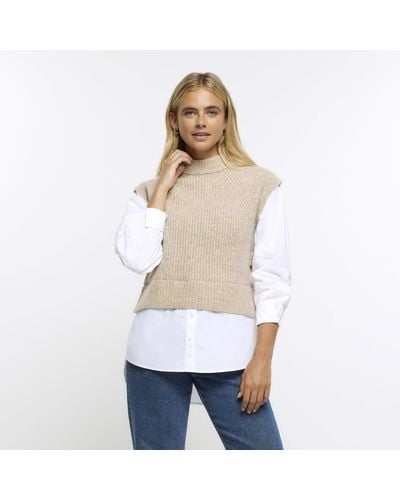 River Island Beige Shirt Sleeve Hybrid Sweater - White