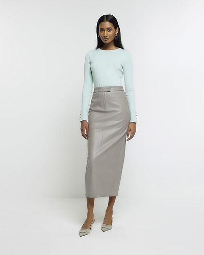 River Island Grey Faux Leather Tailored Midi Skirt