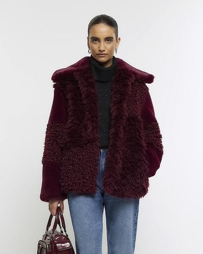 River Island Patchwork Faux Fur Coat - Red