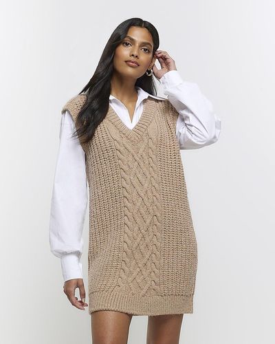 River Island Beige Cable Knit Hybrid Sweater Mini Dress - Natural