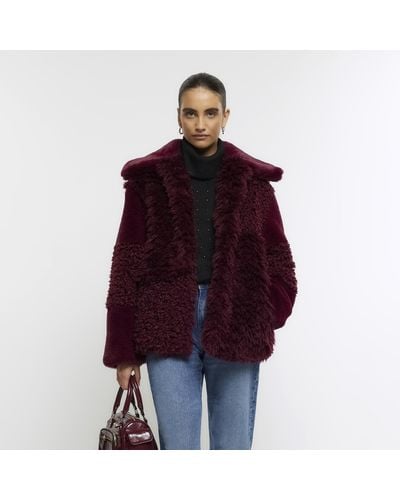 River Island Patchwork Faux Fur Coat - Red