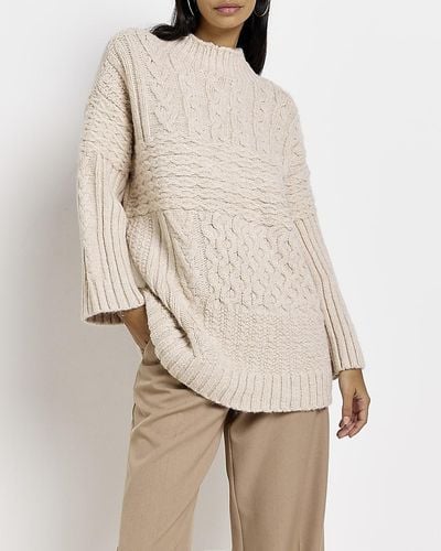 River Island Beige Oversized Cable Knit Jumper - Natural