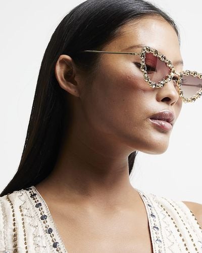 River Island Gold Diamante Frame Cat Eye Sunglasses - Brown