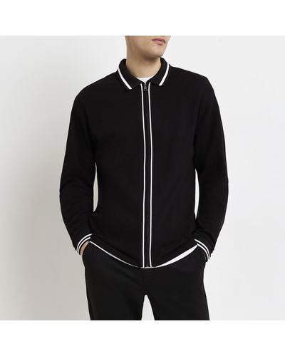 River Island Zip Through Knitted Polo Shirt - Black