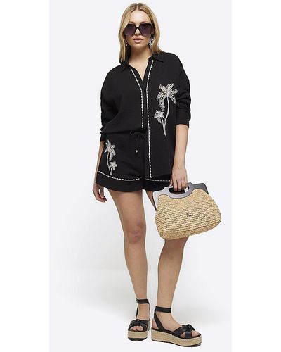 River Island Embroidered Palm Tree Shorts - Black
