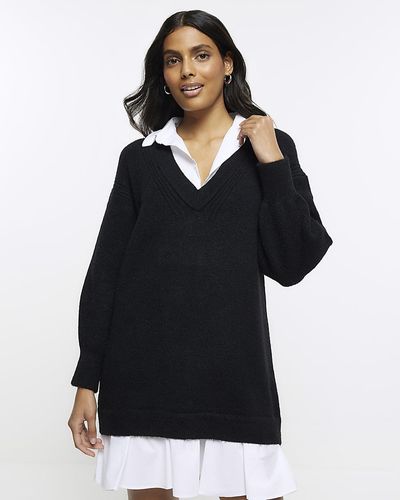 River Island Shirt Hybrid Sweater Dress - Black