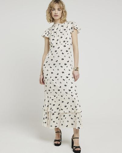 River Island White Floral Open Back Sawing Midi Dress