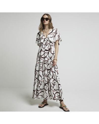 River Island Abstract Frill Sleeve Smock Maxi Dress - White