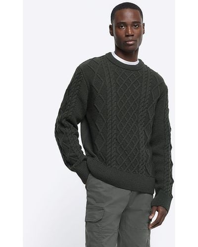 River Island Green Slim Fit Cable Knit Sweater - Black