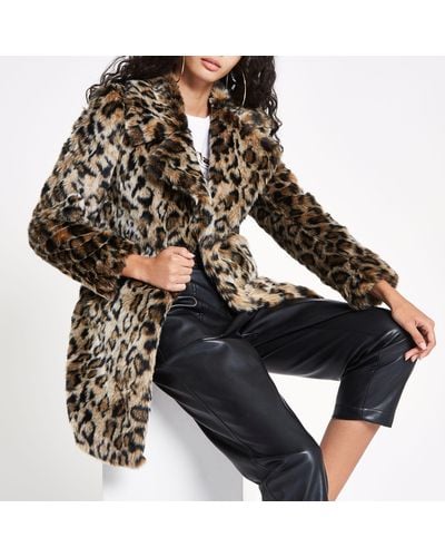 River Island Leopard Print Faux Fur Coat - Brown