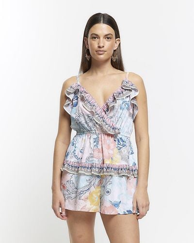 River Island Blue Floral Frill Playsuit - White