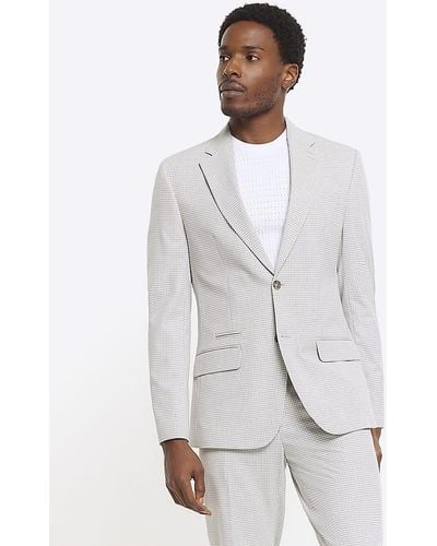 River Island Gray Slim Fit Gingham Suit Jacket - White